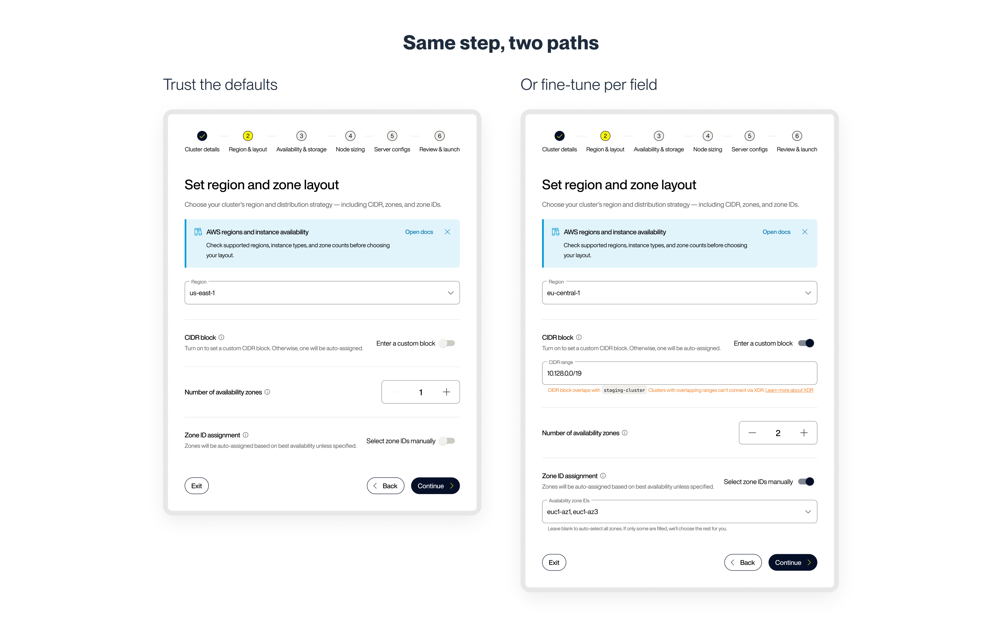 Same step, two paths — simple and advanced configuration side by side