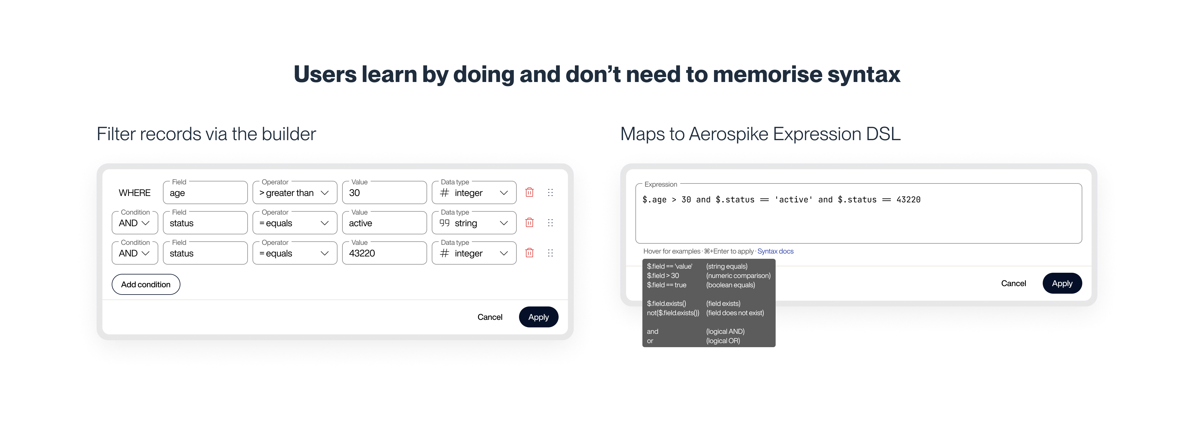 Visual filter builder and Expression DSL — shaping queries without memorising syntax